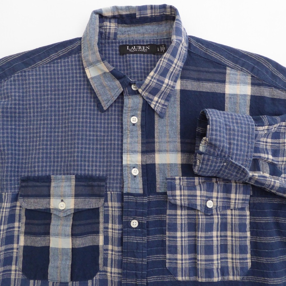Lauren Ralph Lauren BLACK LABEL Mens Button Shirt Blue Patchwork Linen Large